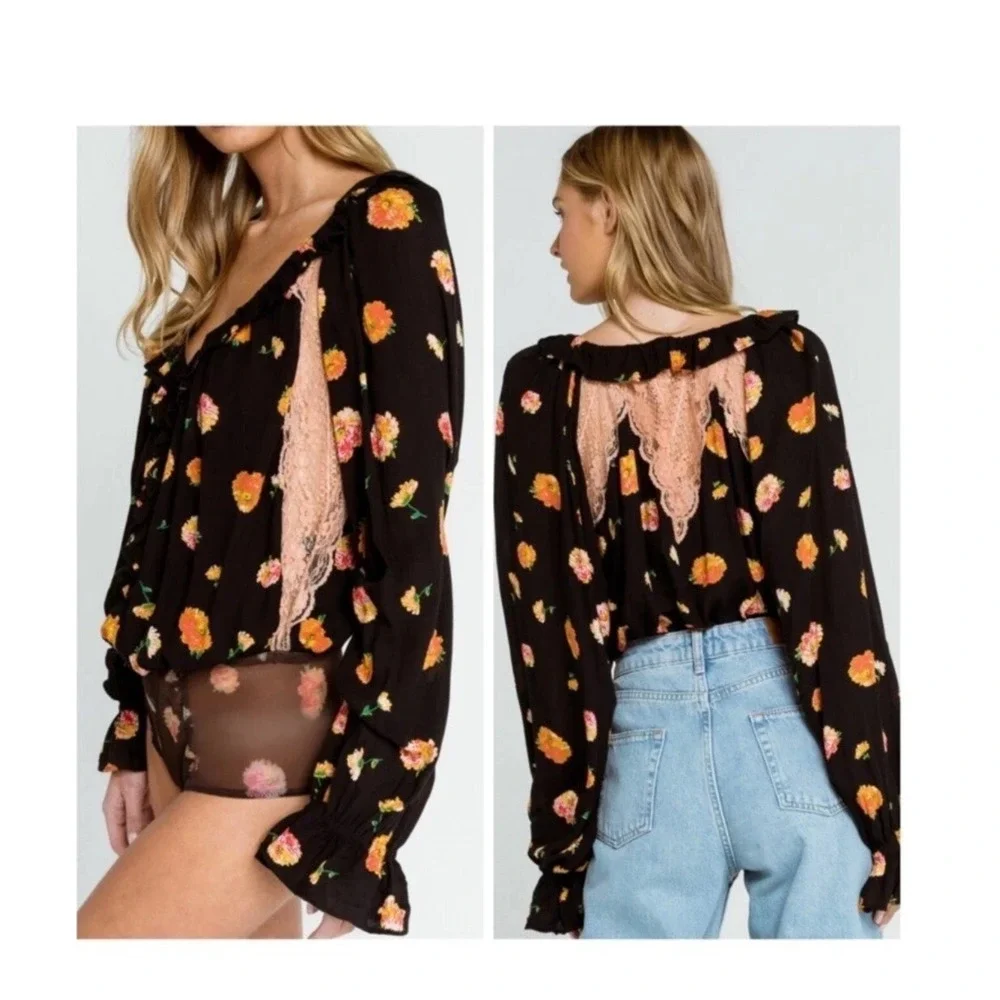 Intimately Free People Floral Lace Ruffle Bodysuit Black Orange XS Long Sleeve